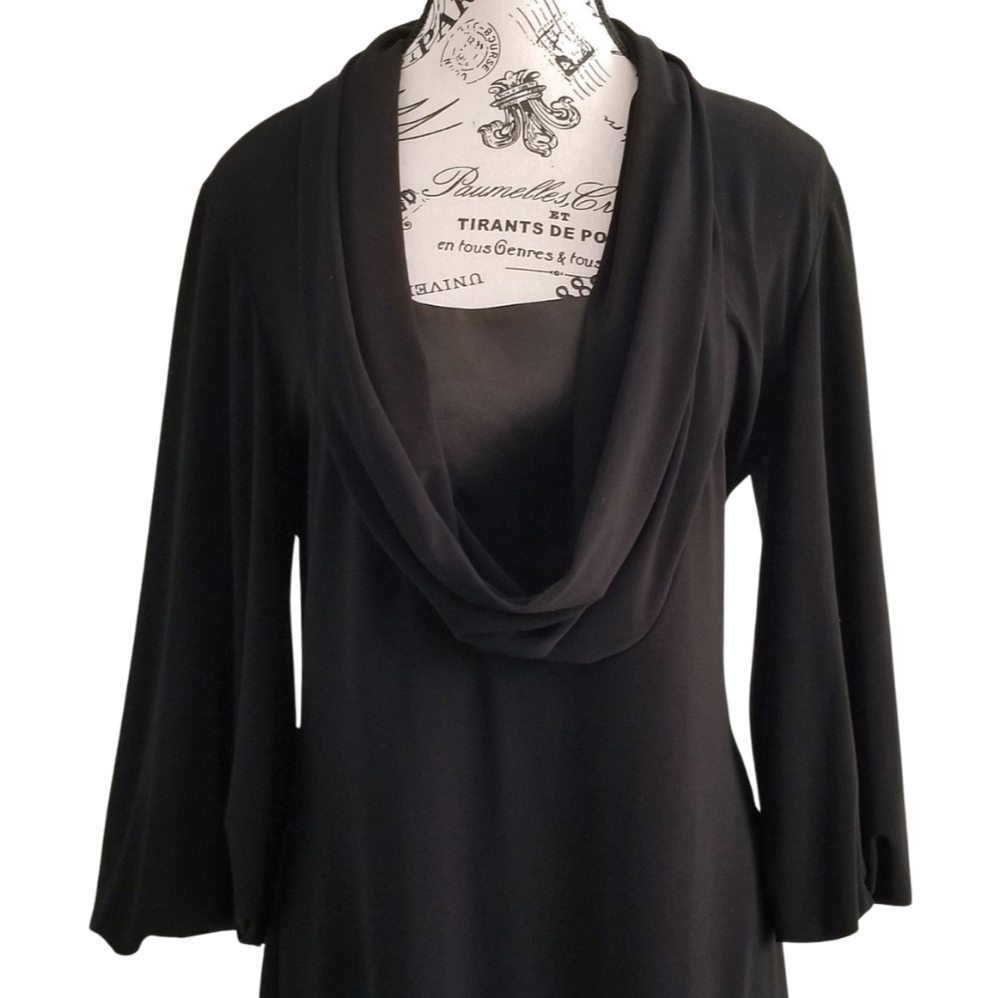 🇨🇦 Joseph Ribkoff Black Midi Dress Draped Cowl Neck Sculpted Balloon Sleeves 10